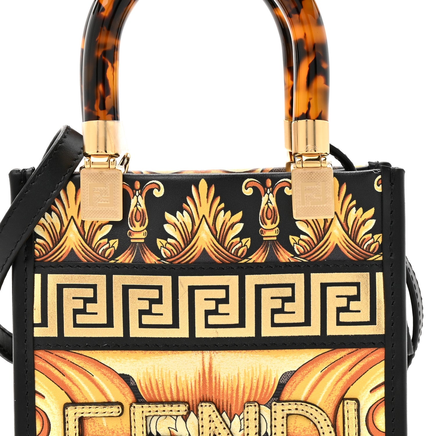 X VERSACE Vitello King Catalan Mirror Plexiglass Fendace FF Baroque Logo Mini Fendi Sunshine Shopper Tote Black Gold