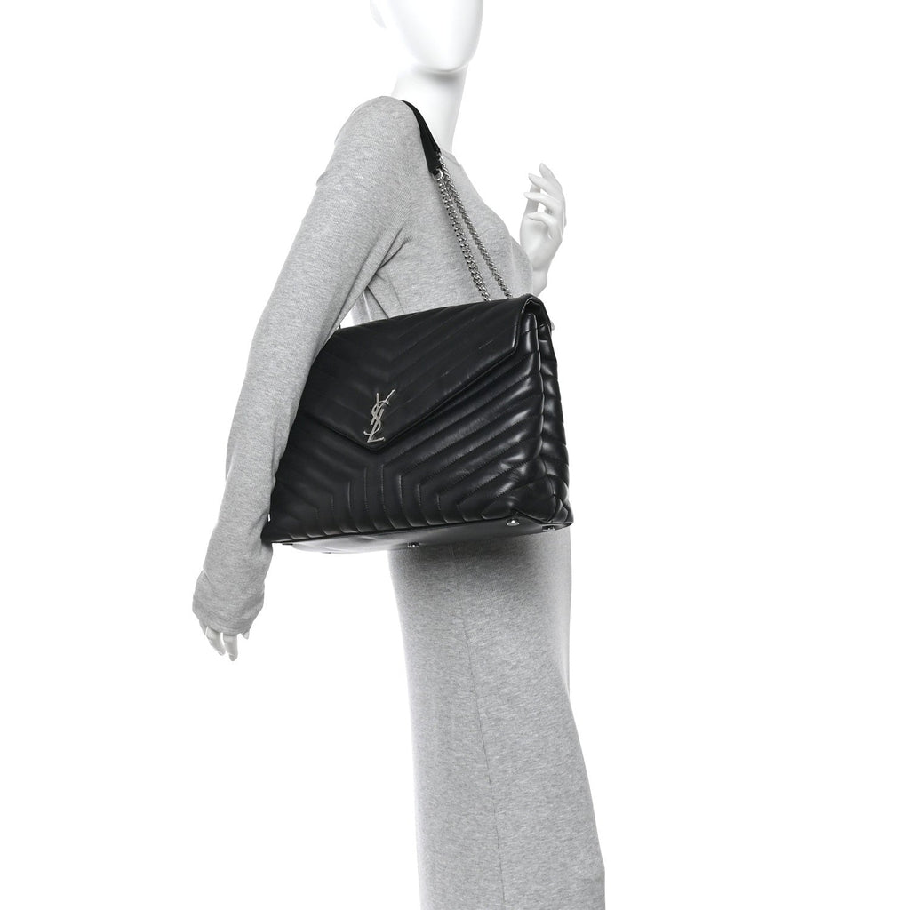 Calfskin Y Quilted Monogram Large Loulou Chain Satchel Black