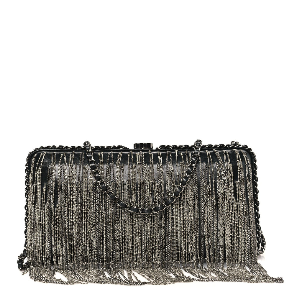 Lambskin Chain Fringe Clutch With Chain  Black