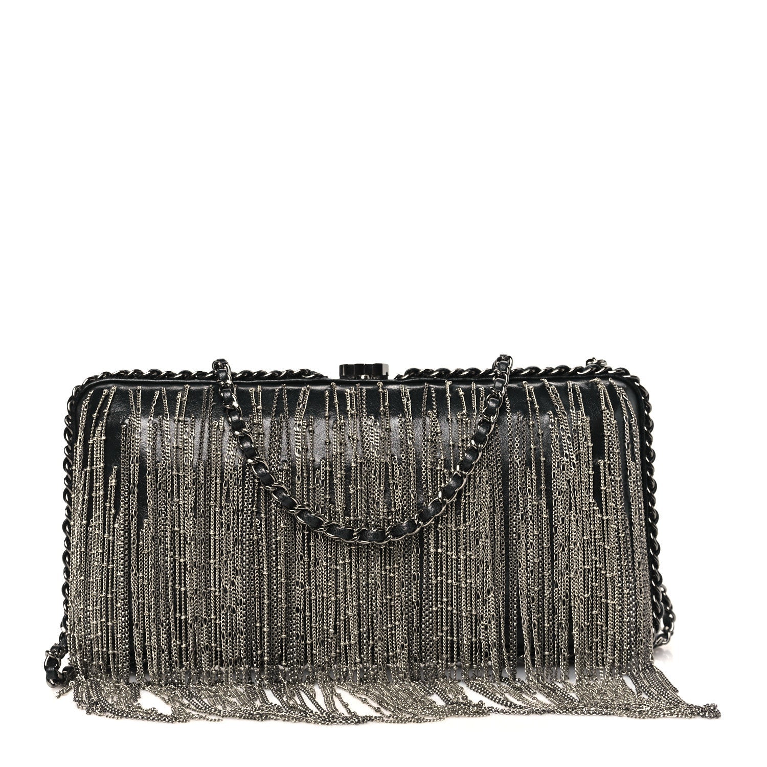 Lambskin Chain Fringe Clutch With Chain  Black