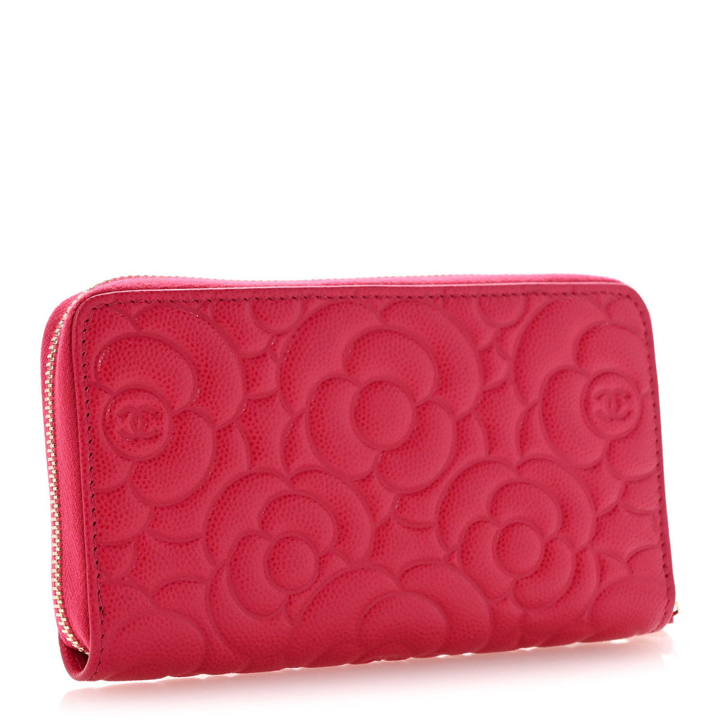 Caviar Camellia Embossed Medium Zip Around Gusset Wallet Pink