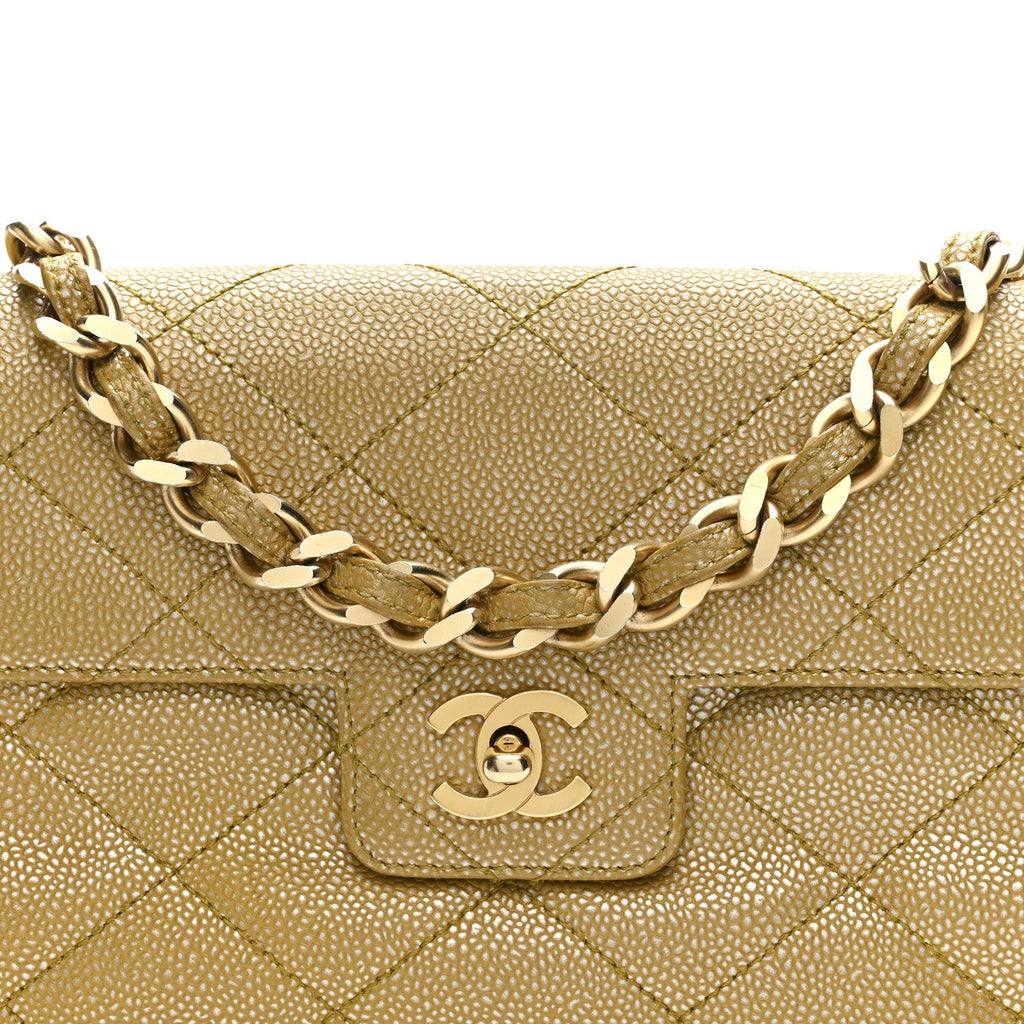Metallic Caviar Quilted Medium Single Flap Beige