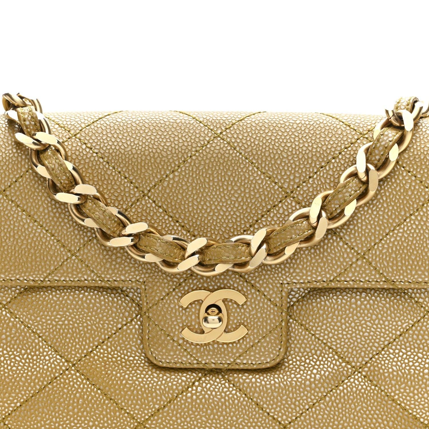 Metallic Caviar Quilted Medium Single Flap Beige
