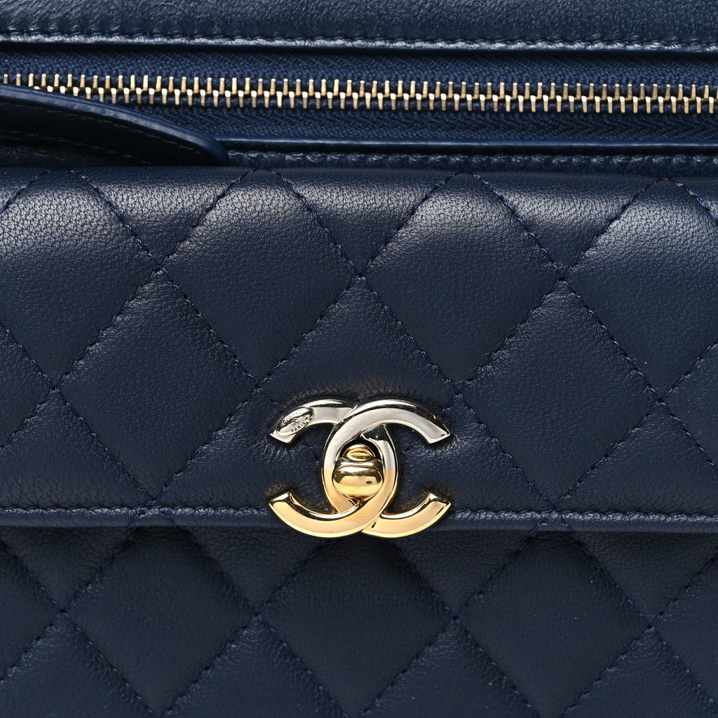 Lambskin Quilted Square Front Pocket Clutch With Chain Navy Blue