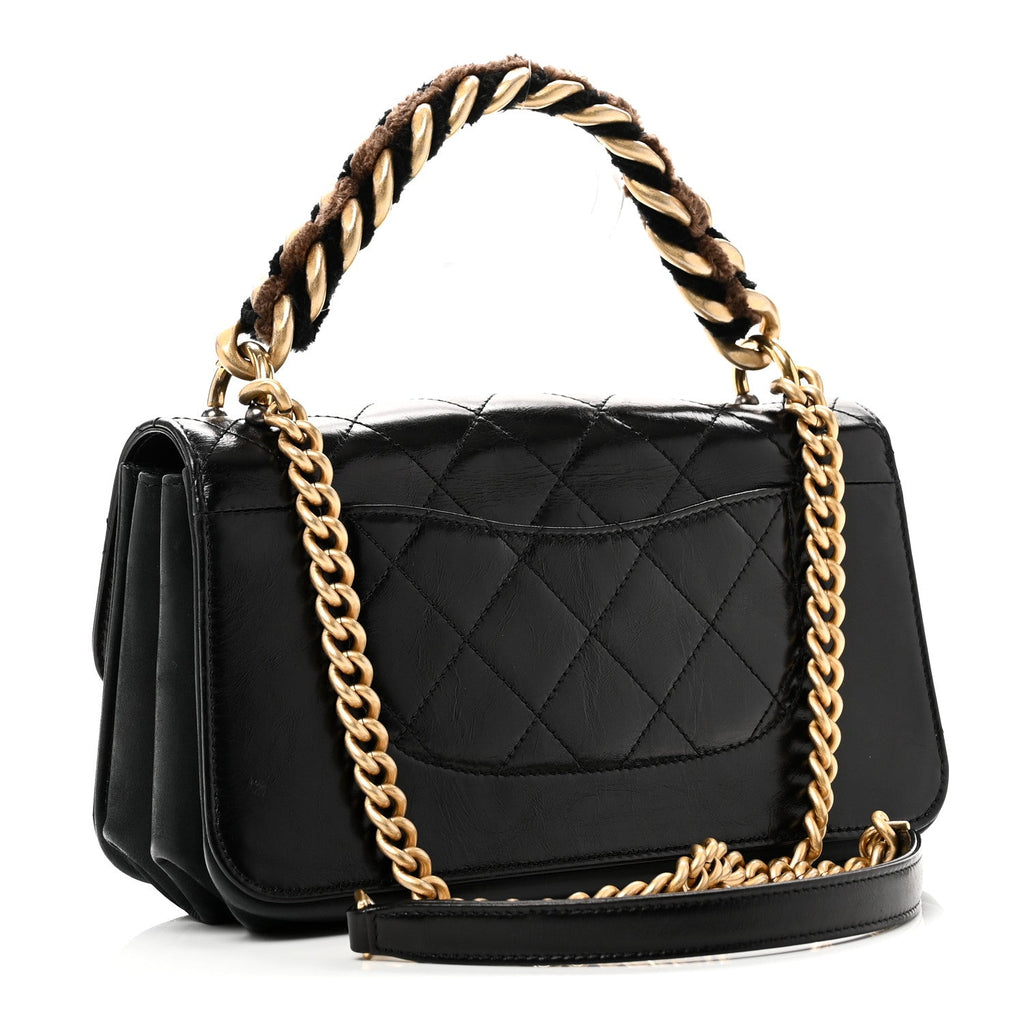 Iridescent Calfskin Quilted Small Straight Lined Flap Black