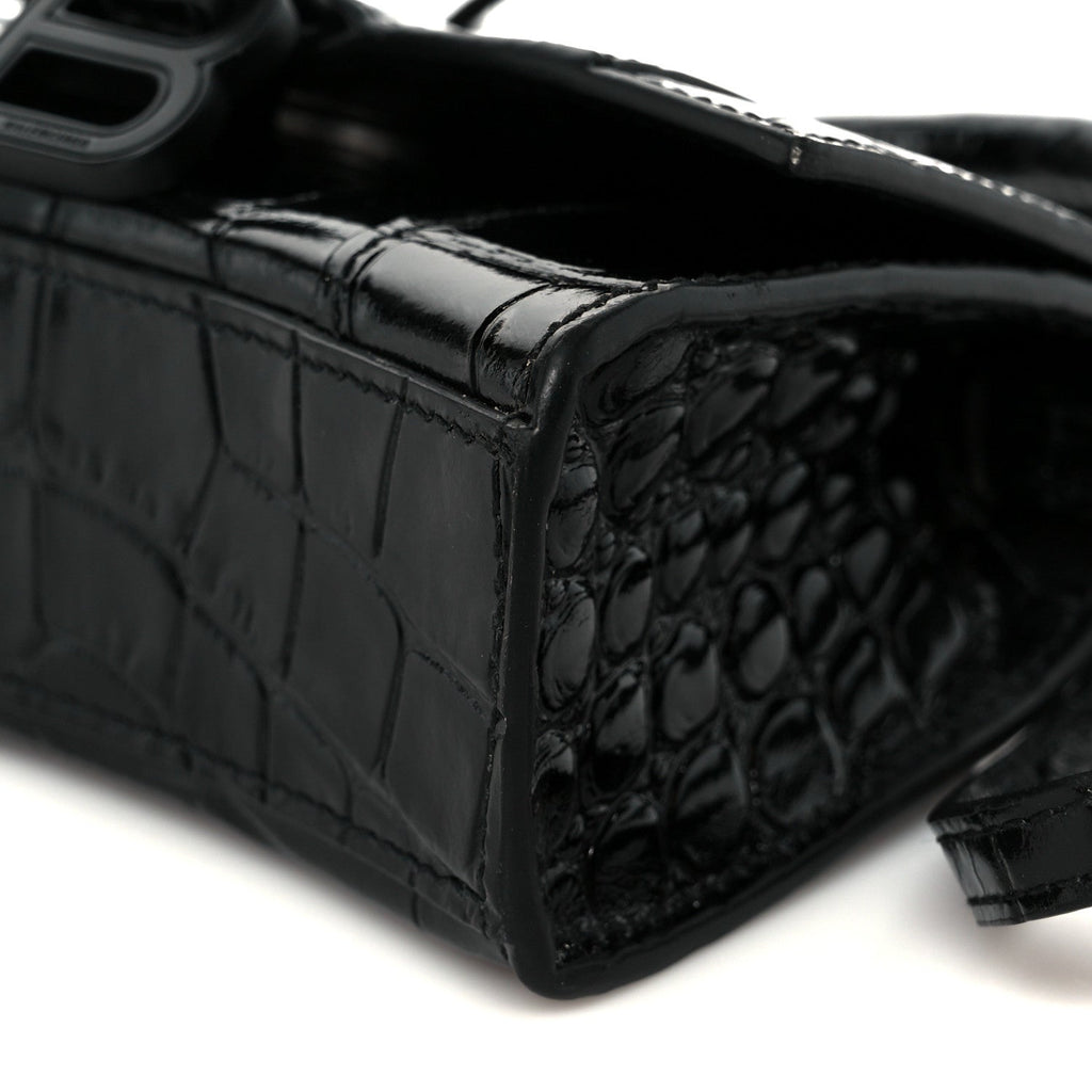 Shiny Calfskin Monochrome Crocodile Embossed Hourglass Top Handle Bag Mini Black