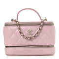 Shiny Lambskin Quilted Top Handle Vanity Case With Chain Pink