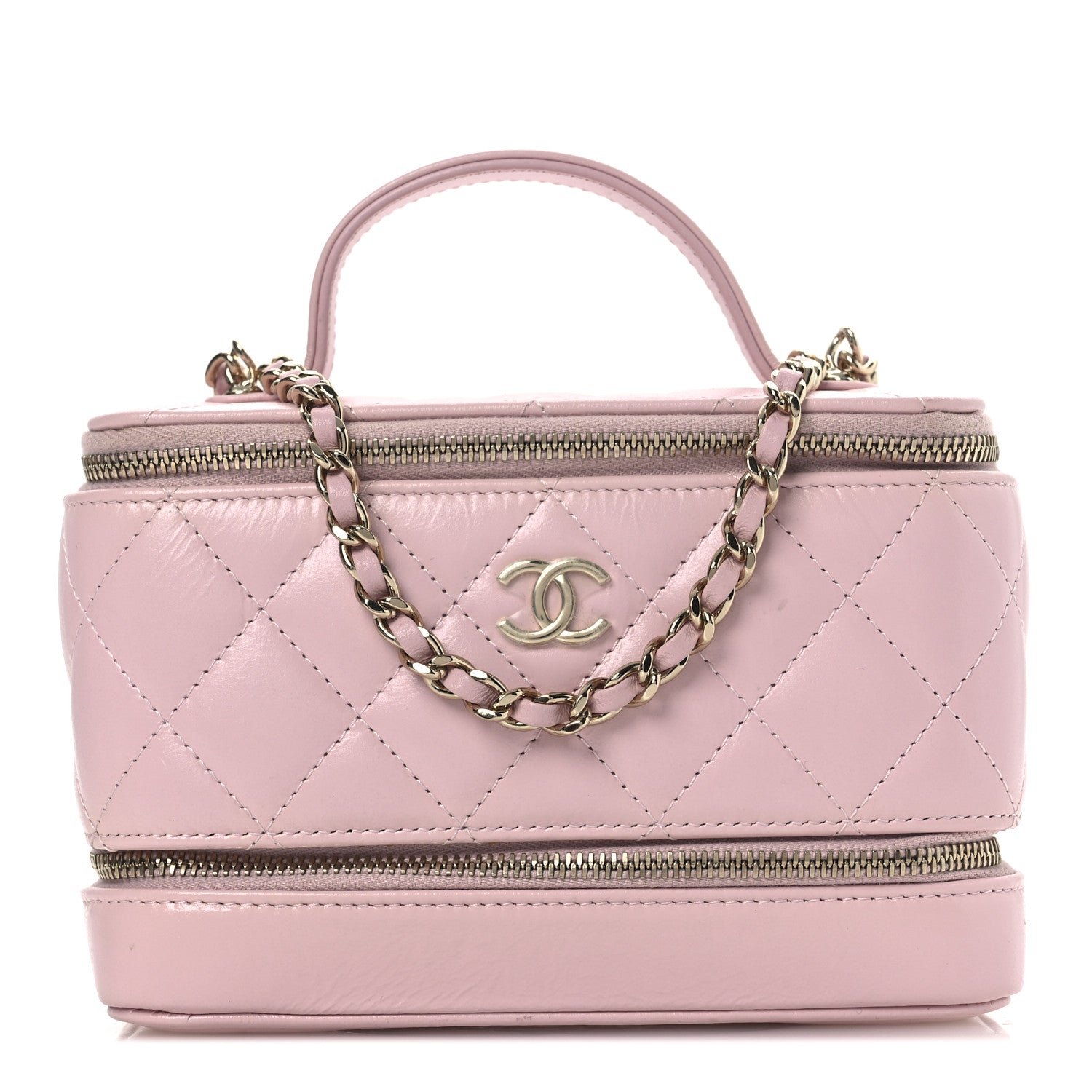 Shiny Lambskin Quilted Top Handle Vanity Case With Chain Pink