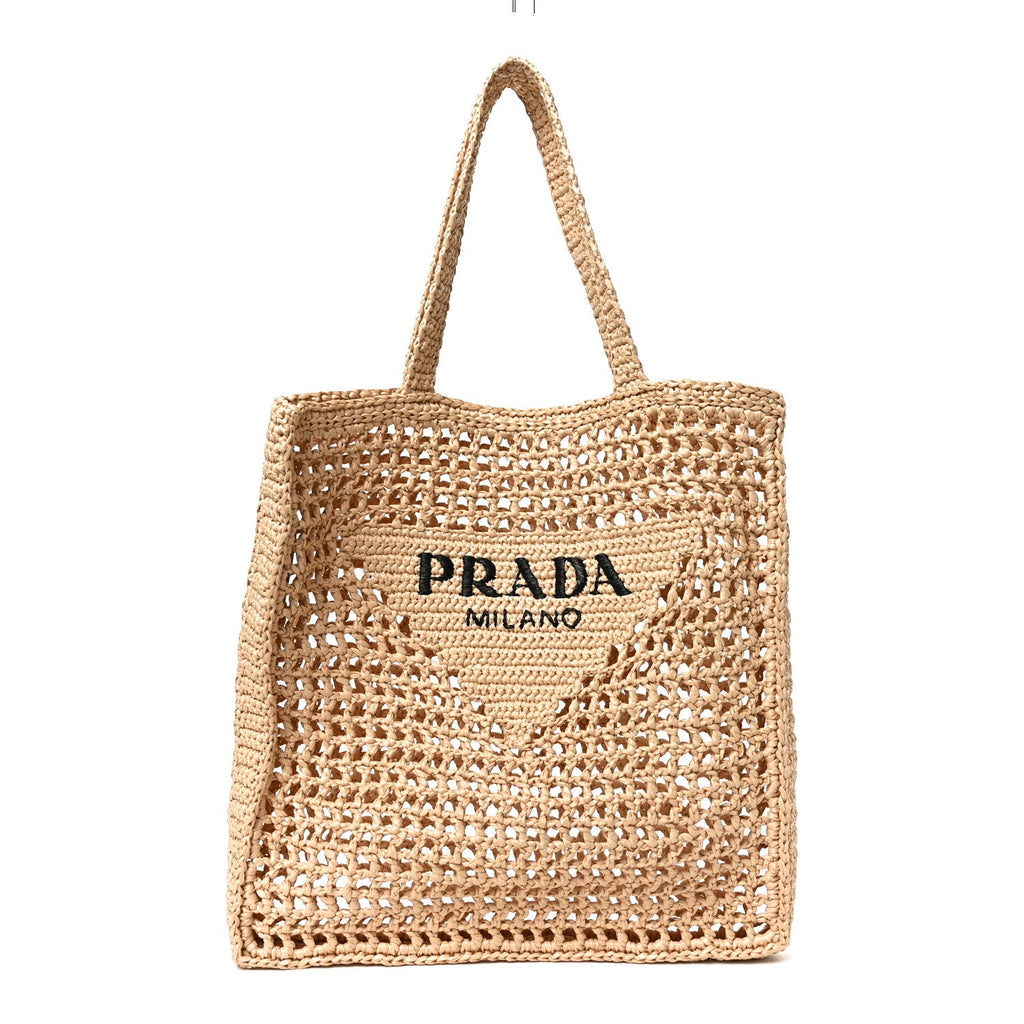 Yarn Raffia Effect Crochet Logo Embroidered Tote Bag Naturale