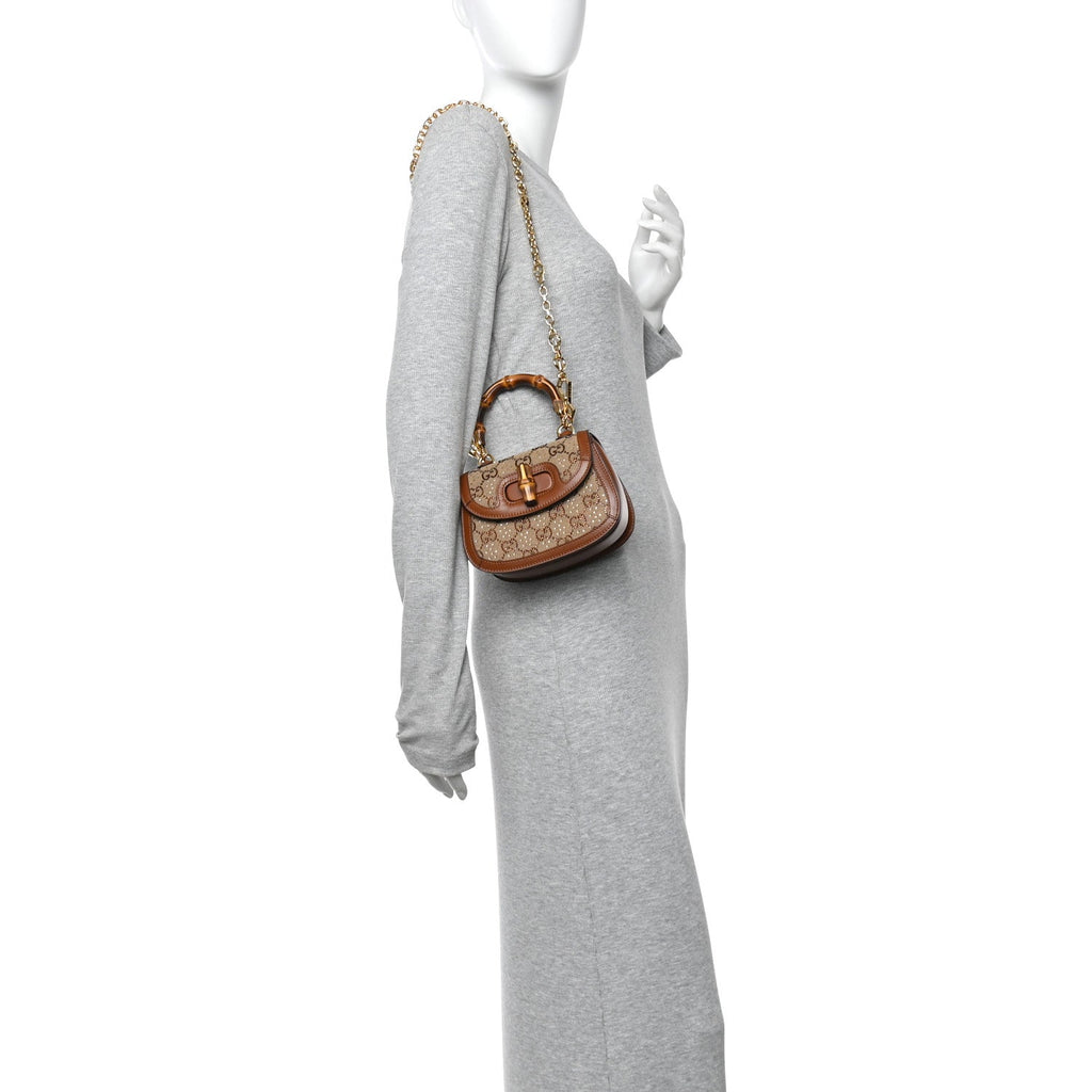 New Canvas Charisma Calfskin Crystal GG Monogram Small Bamboo 1947 Top Handle Bag Camel Ebony