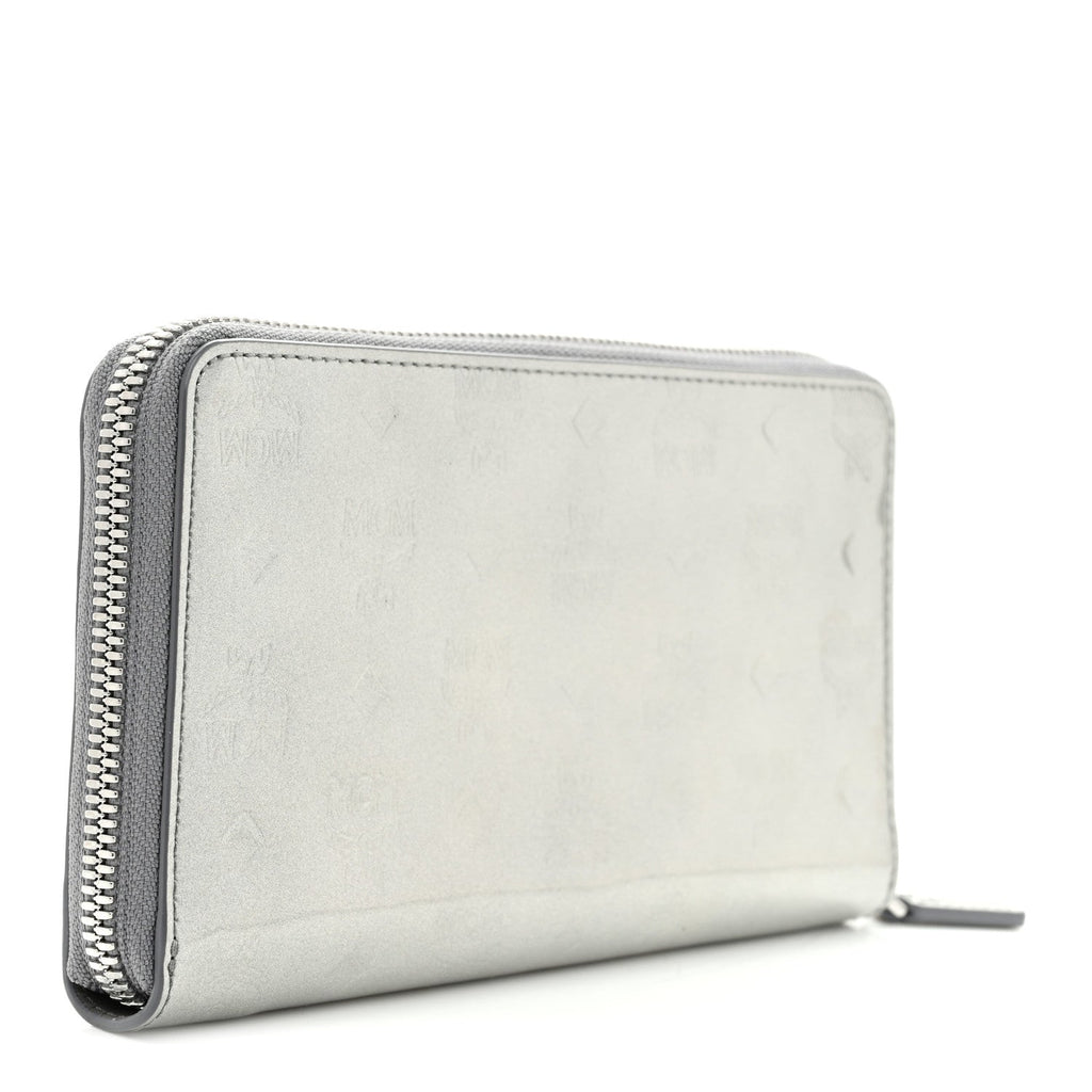 Metallic Monogram Patent Large Zip Around Wallet Silver