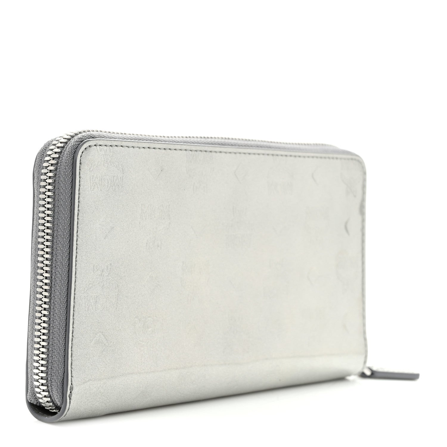 Metallic Monogram Patent Large Zip Around Wallet Silver