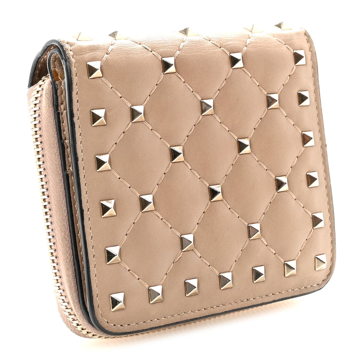 Nappa Rockstud Spike Compact Zip Around Wallet Poudre