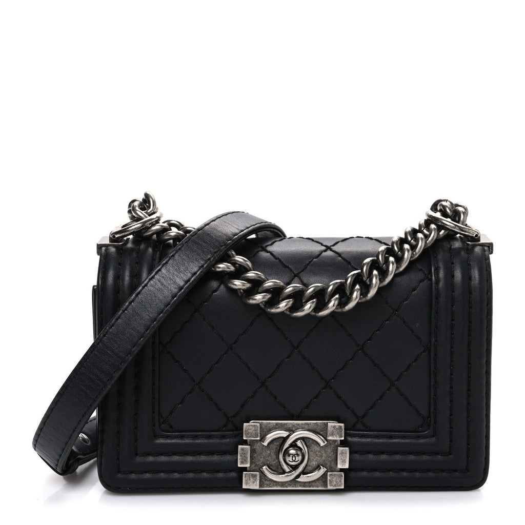 Calfskin Double Stitch Small Boy Flap Black
