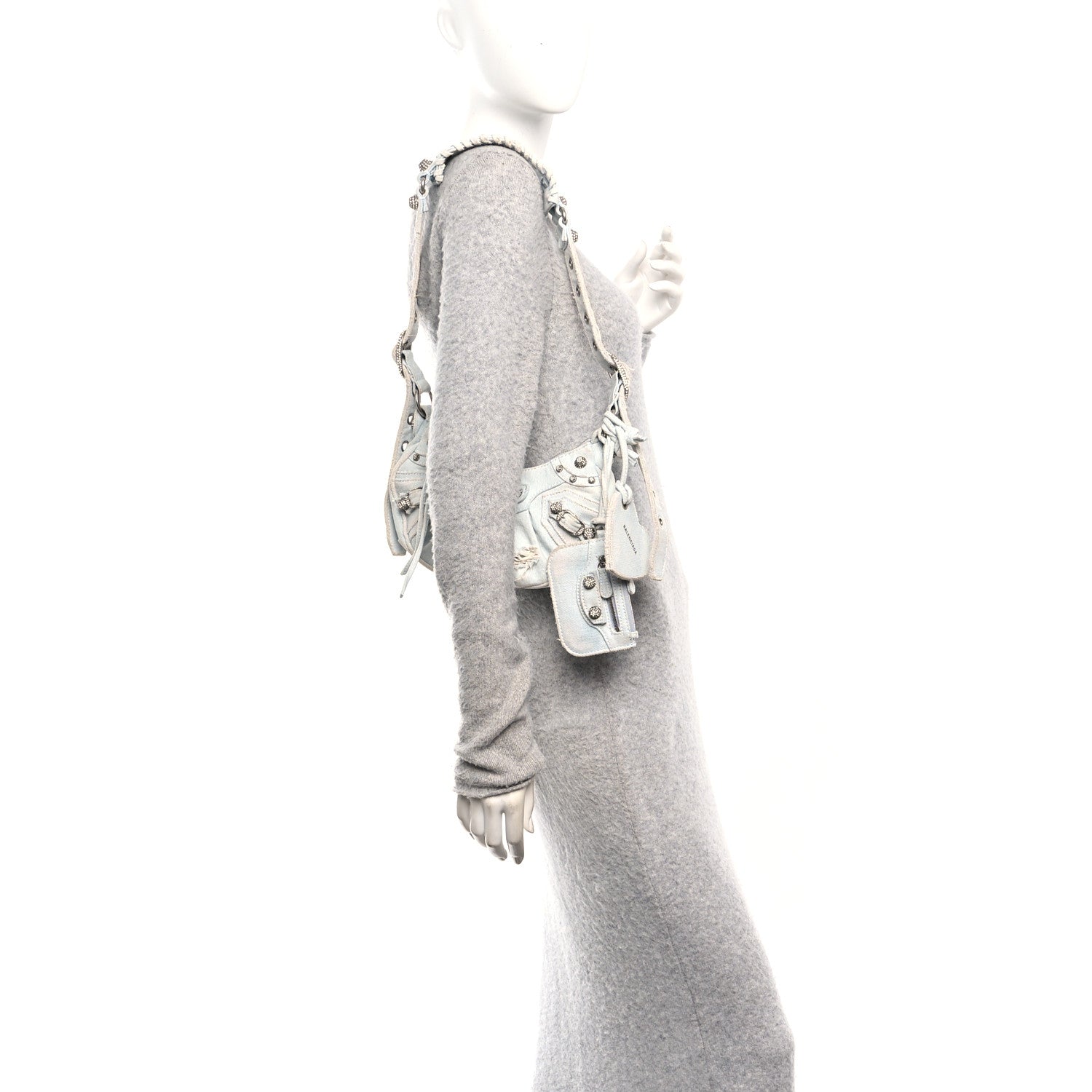 Washed Frayed Denim Crystal XS Le Cagole Shoulder Bag Pale Blue