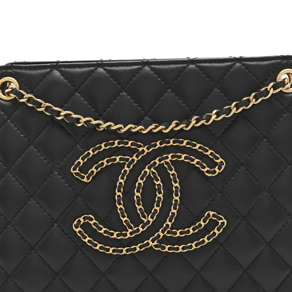 Calfskin Quilted CC Chain Accordion Tote Black