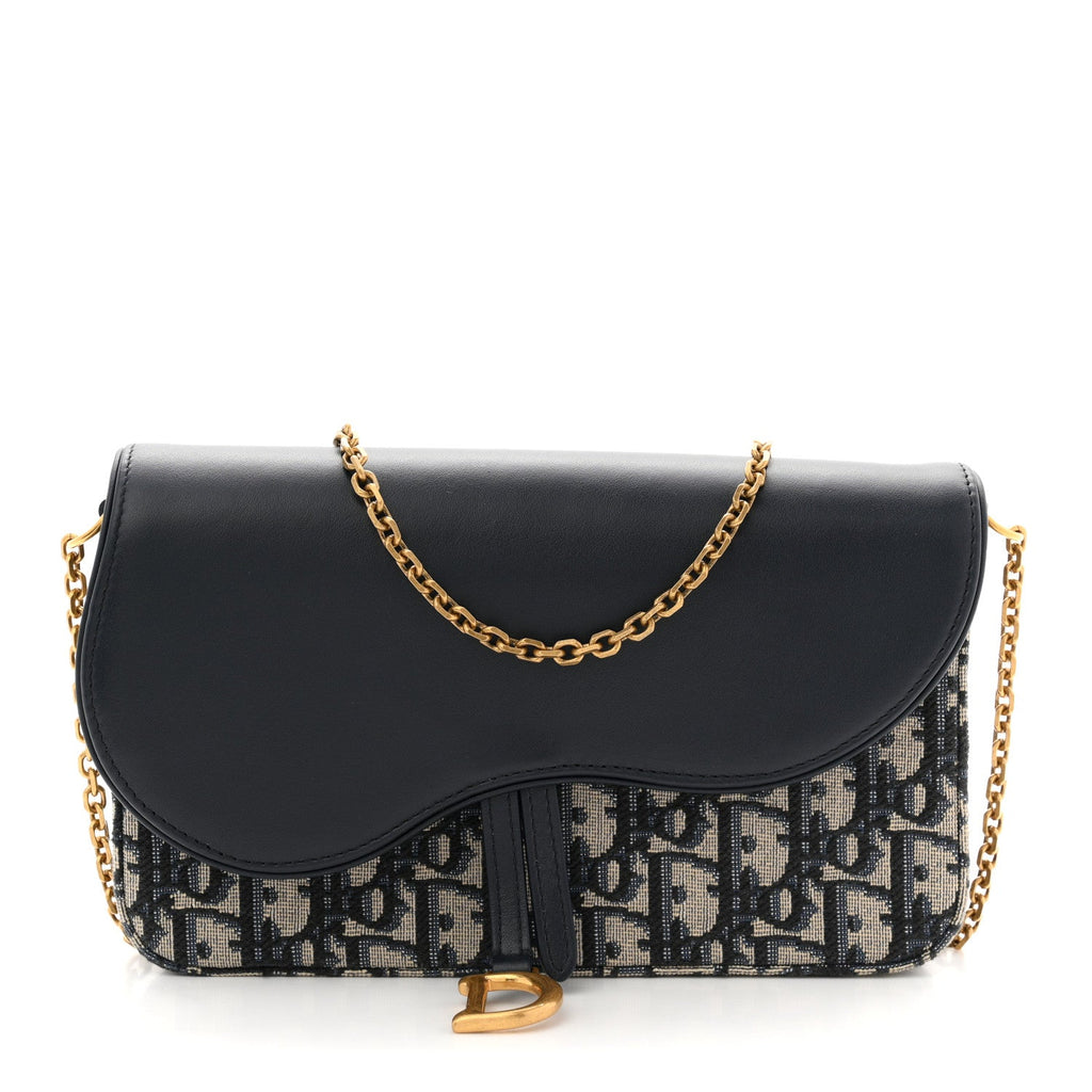 Oblique Smooth Calfskin Medium Saddle Pouch With Chain Blue