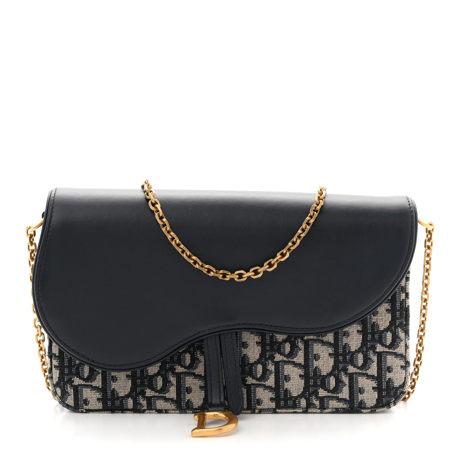 Oblique Smooth Calfskin Medium Saddle Pouch With Chain Blue