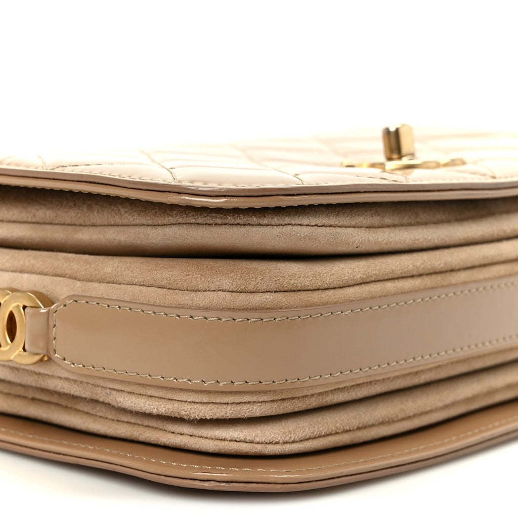 Shiny Calfskin Quilted Suede Goatskin Mini Messenger Beige