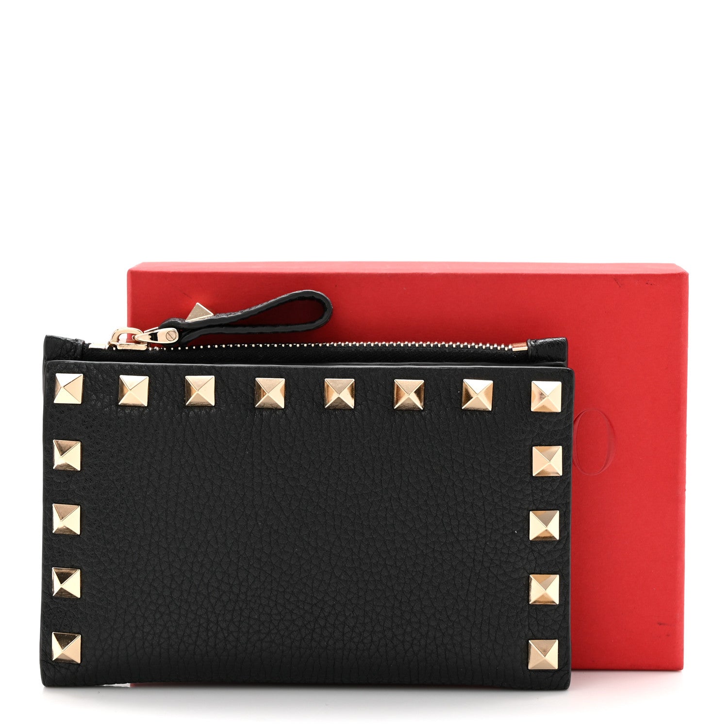 Pebbled Calfskin Rockstud Coin Case  Holder Black