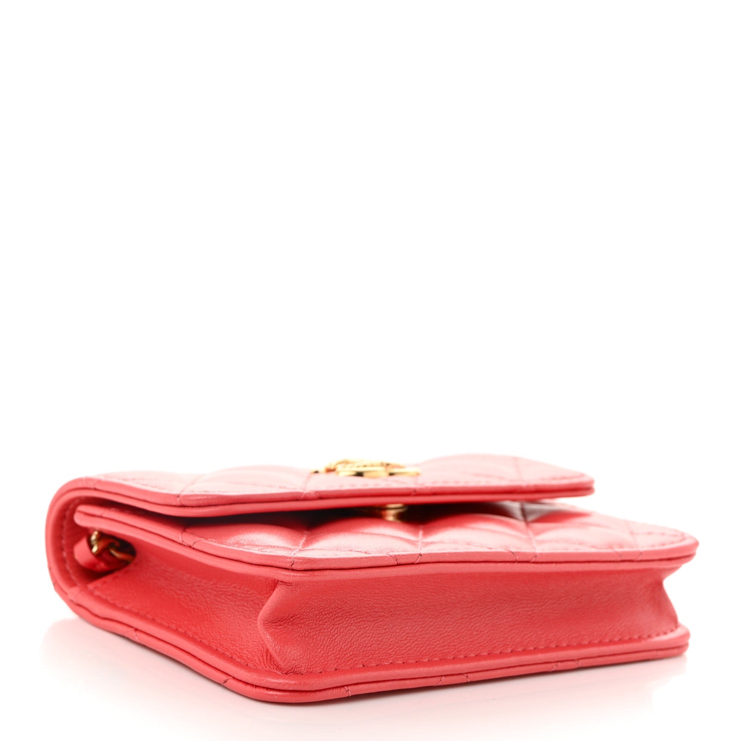 Shiny Lambskin Quilted  Holder On Chain Pink