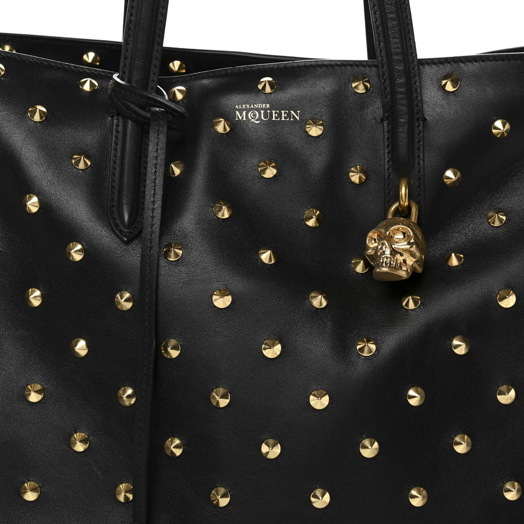 Calfskin Large Studded Padlock Zip Around Tote Black