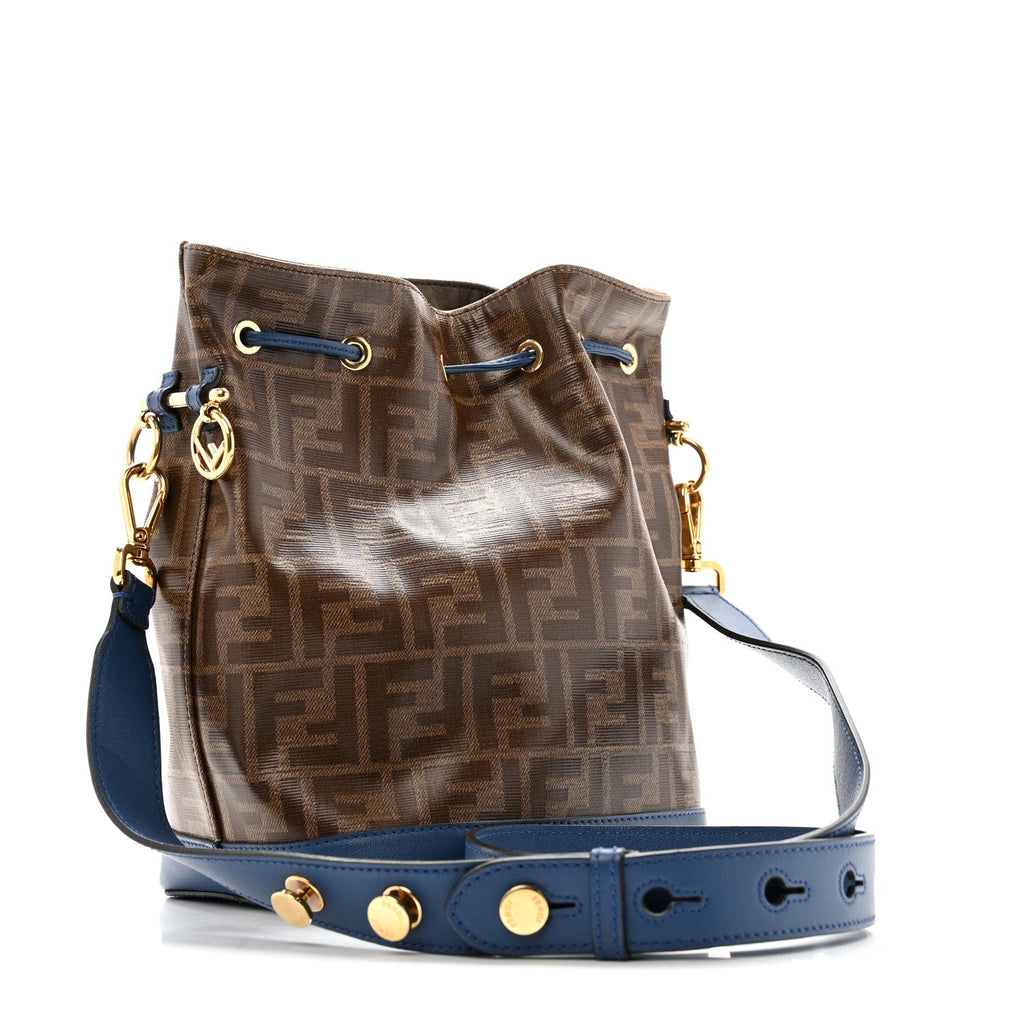 Glazed Fabric Vitello Grace F is Fendi FF 1974 Stamp Patch Grande Mon Tresor Bucket Bag Mogano Panna Iris