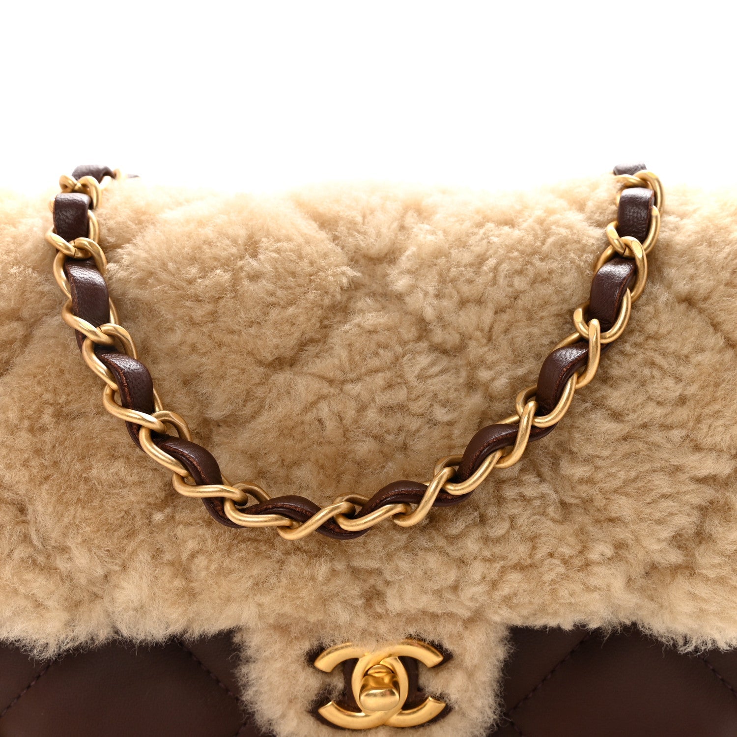 Shearling Lambskin Quilted Mini Furry Coco Flap Beige Dark Brown