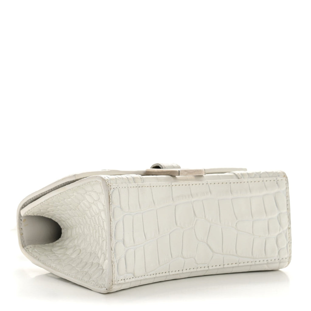 Shiny Calfskin Crocodile Embossed Hourglass Top Handle Bag XS White