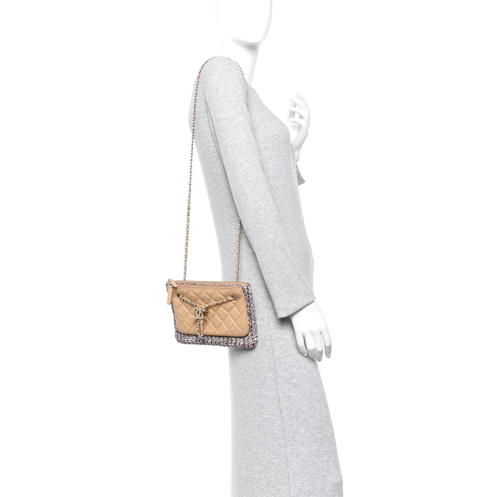 Tweed Lambskin Quilted Pouch Beige Multicolor