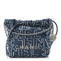 Washed Denim Logo Embroidered Mini Chanel 22 Blue