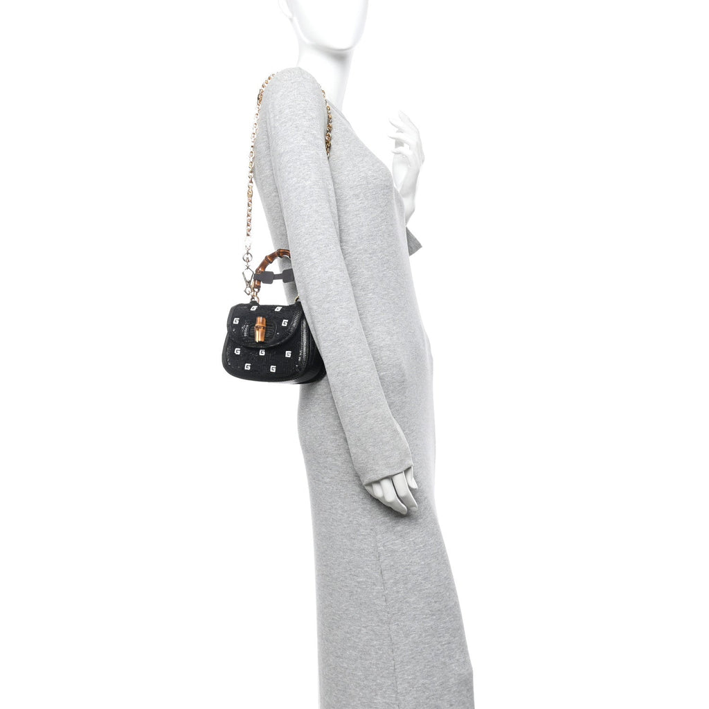 Sequin Lizard Embossed GG Mini Bamboo 1947 Top Handle Chain Bag Black White