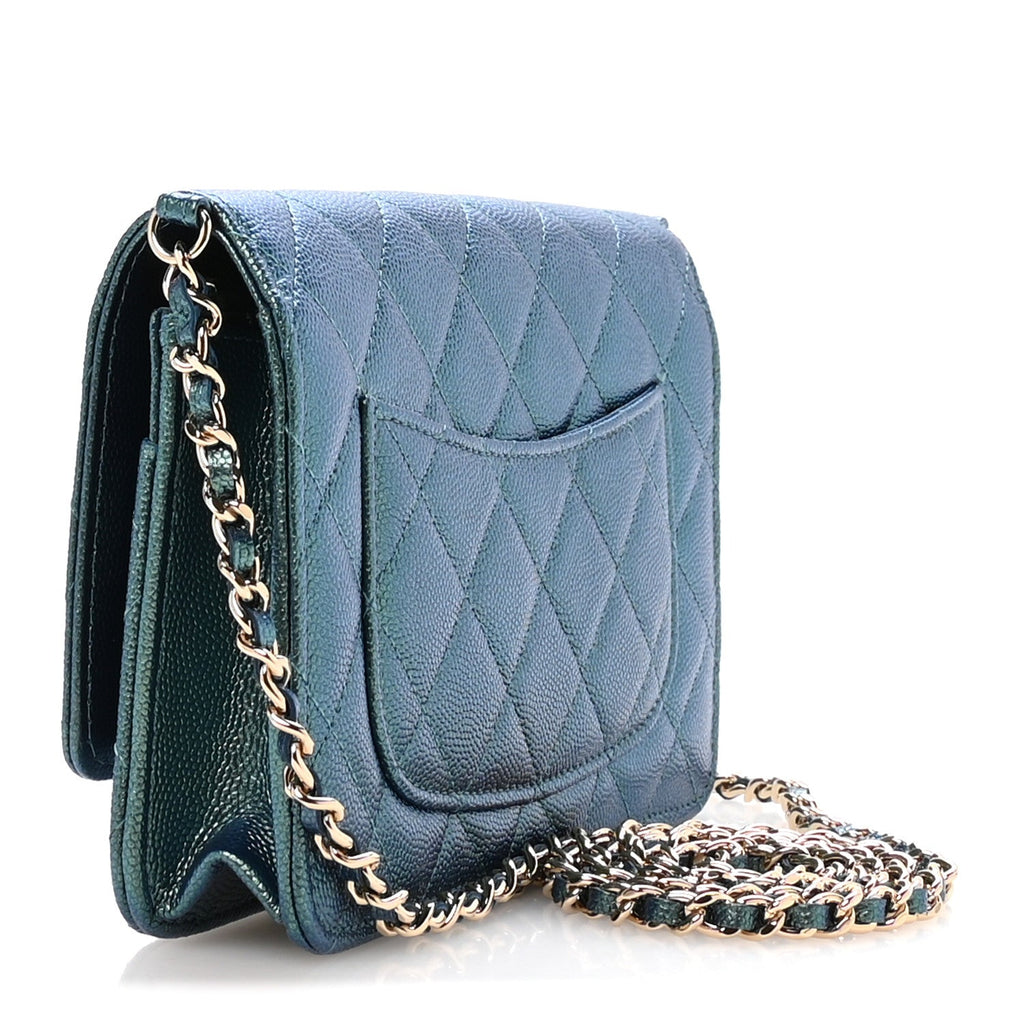 Iridescent Caviar Quilted Wallet on Chain WOC Dark Blue