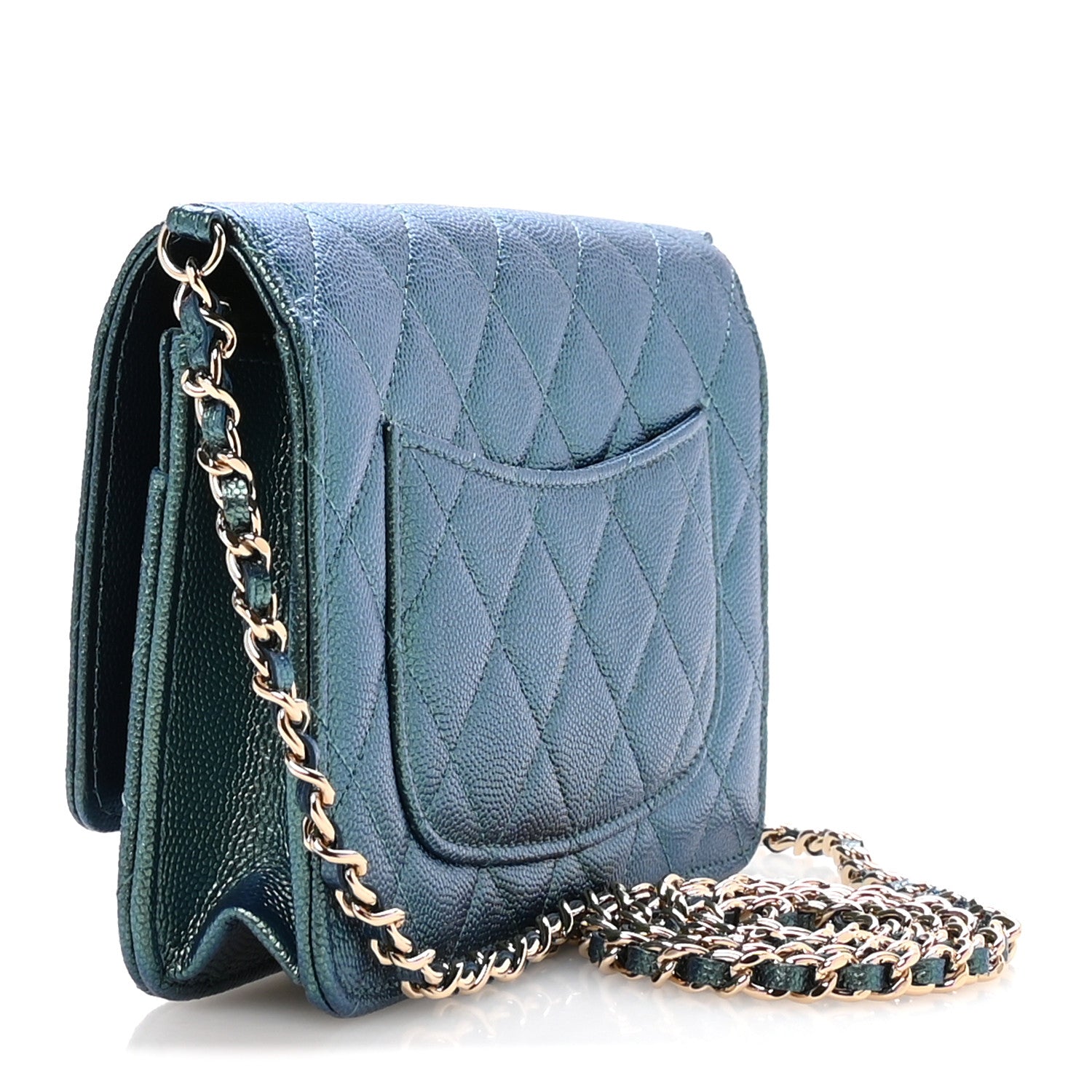 Iridescent Caviar Quilted Wallet on Chain WOC Dark Blue