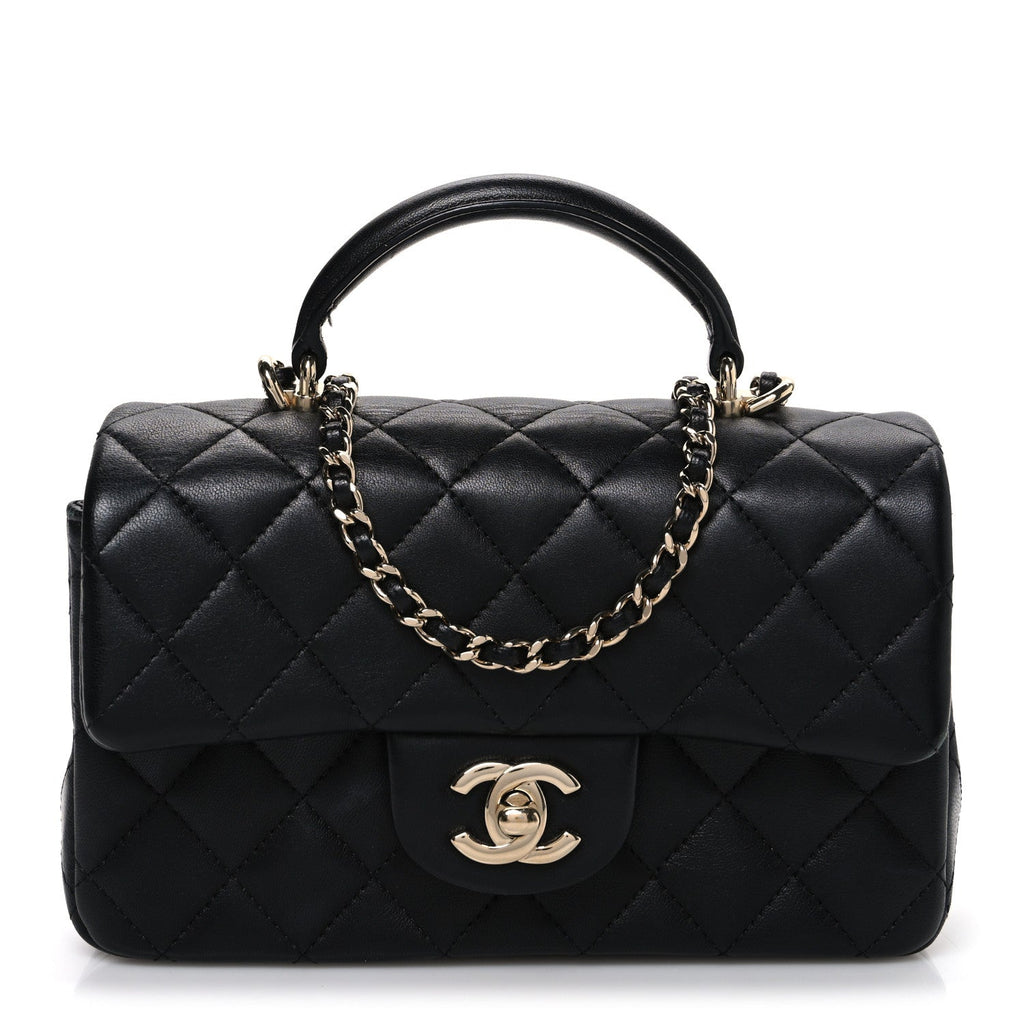 Lambskin Quilted Mini Top Handle Rectangular Flap Black