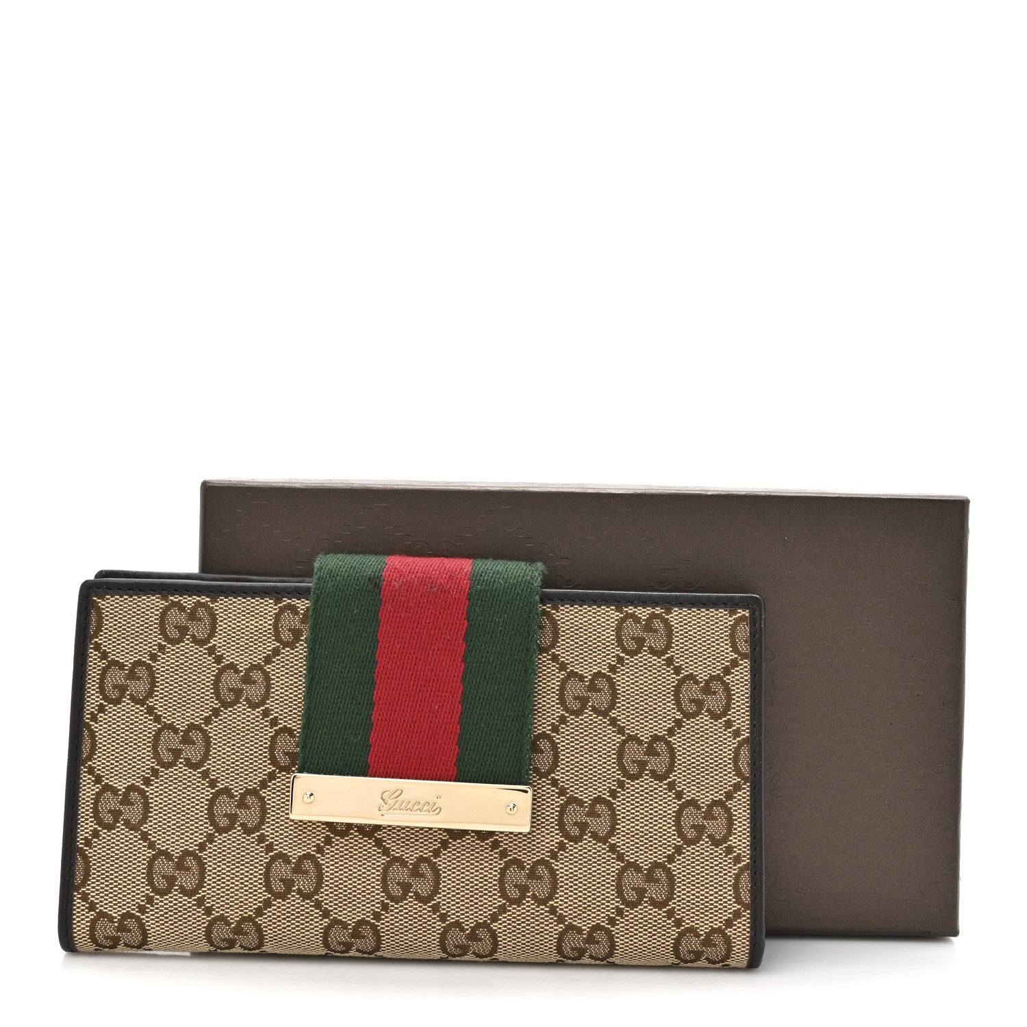 Monogram Calfskin Ladies Web Continental Wallet Beige Ebony Cocoa