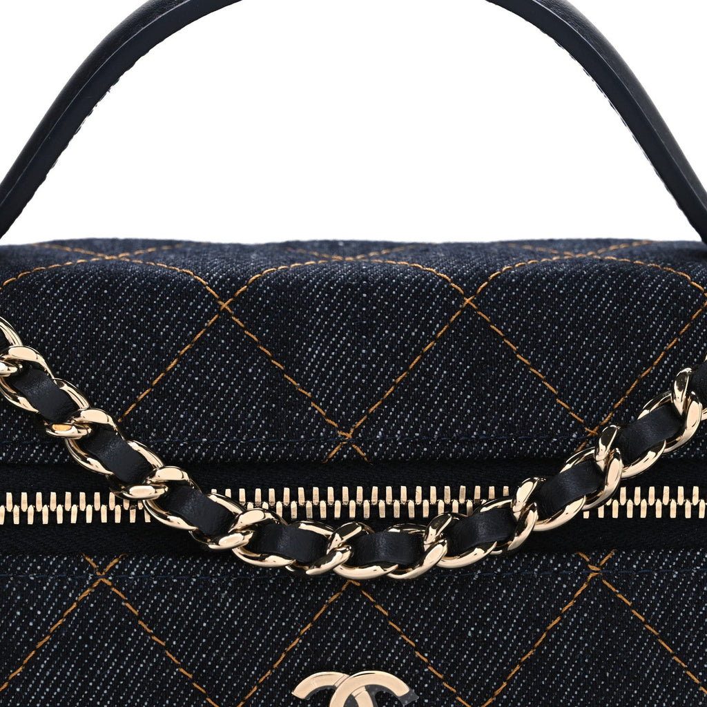 Denim Quilted Top Handle Slim Vanity Case With Chain Dark Blue Orange