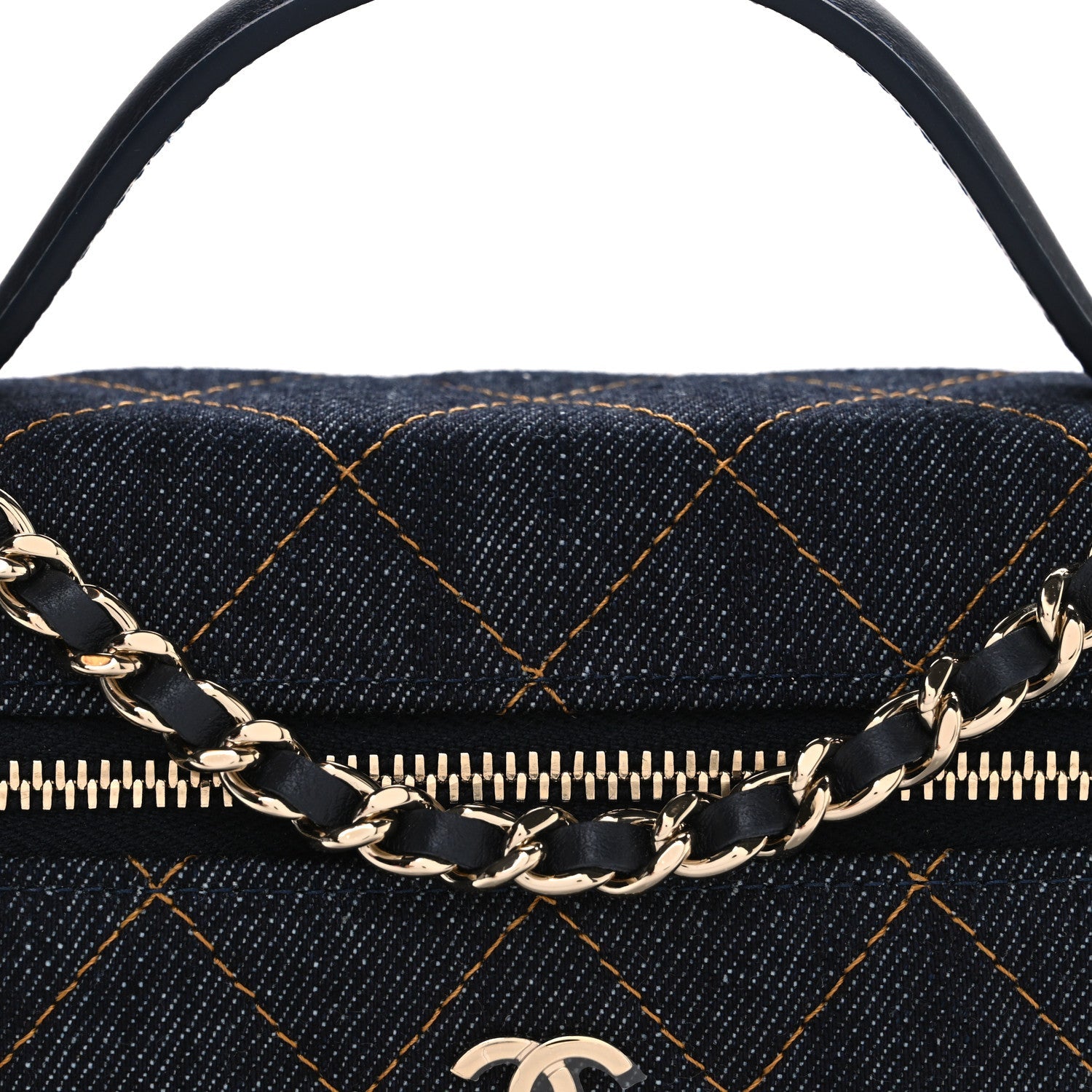 Denim Quilted Top Handle Slim Vanity Case With Chain Dark Blue Orange