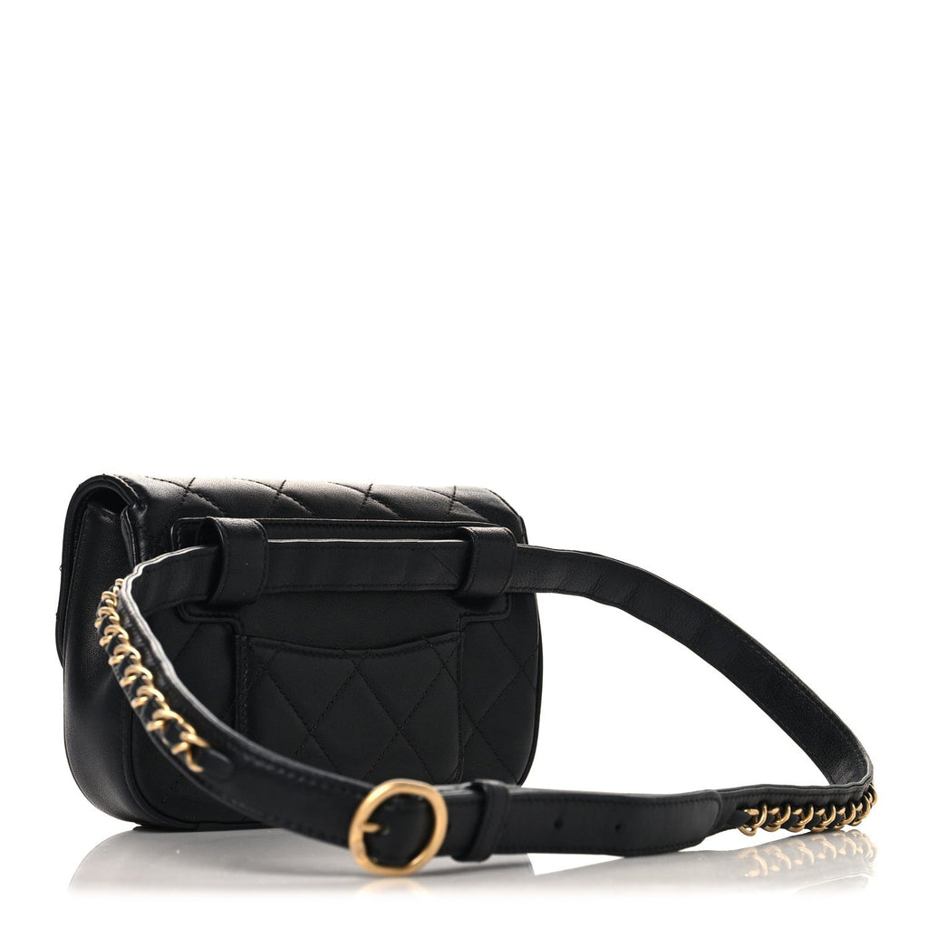 Lambskin Quilted Chain Infinity Waist Belt Bag Black