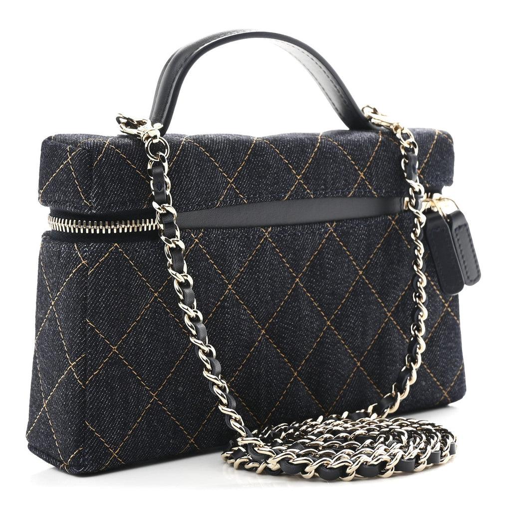 Denim Quilted Top Handle Slim Vanity Case With Chain Dark Blue Orange