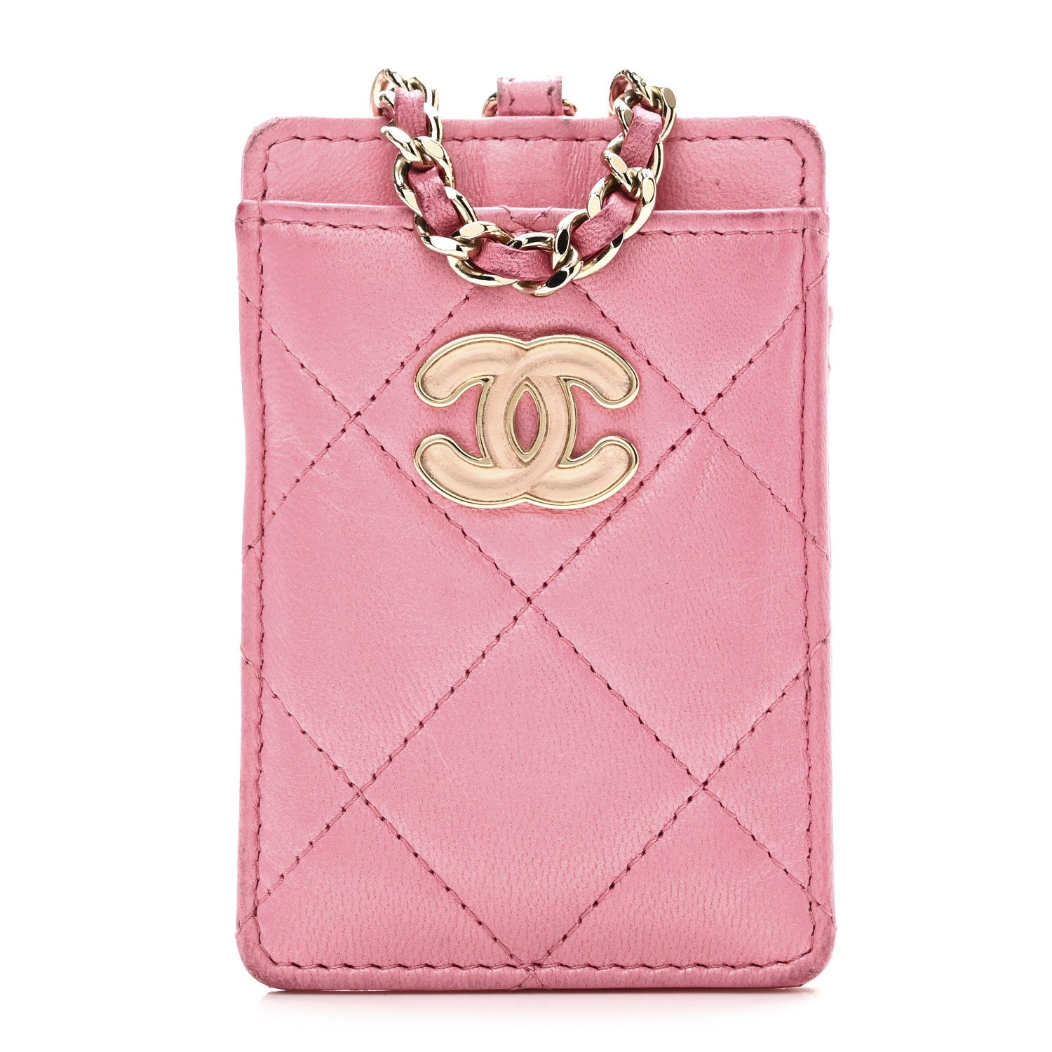 Lambskin Quilted Enamel Chanel  Holder On Chain Pink