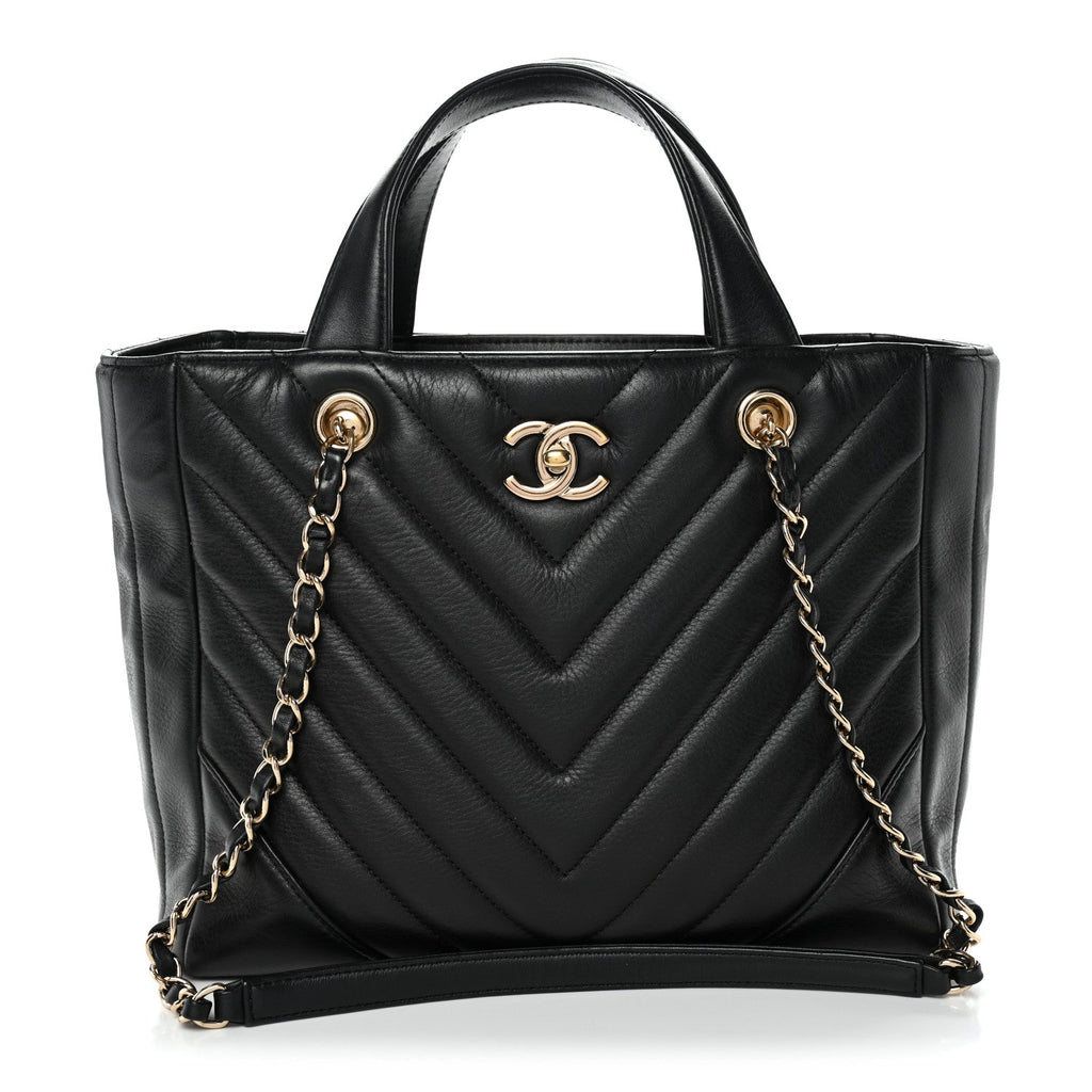 Calfskin Chevron Quilted Statement Shopping Tote Black