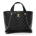 Calfskin Chevron Quilted Statement Shopping Tote Black
