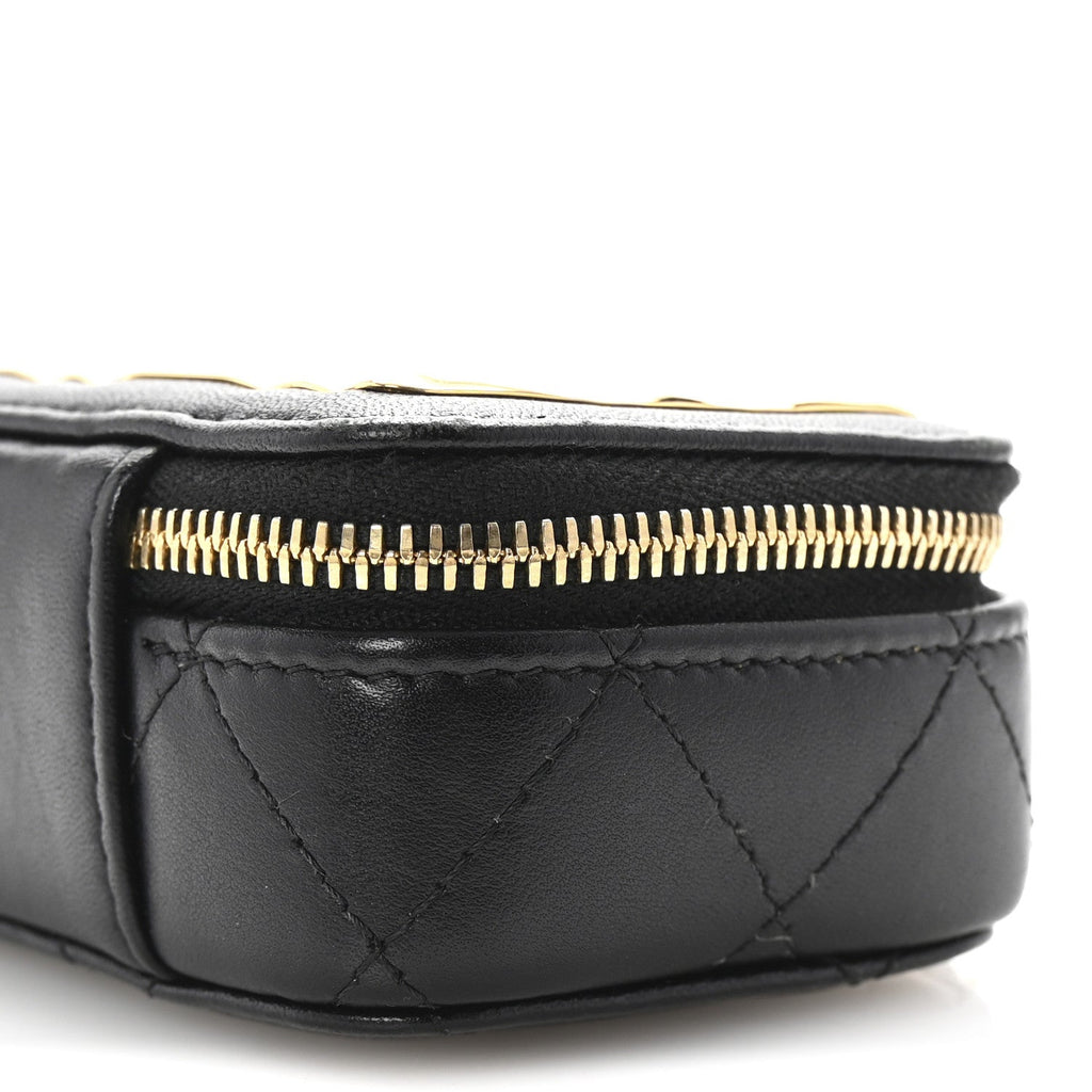 Lambskin Metal Quilted Extra Mini Vanity Case With Chain Black Gold