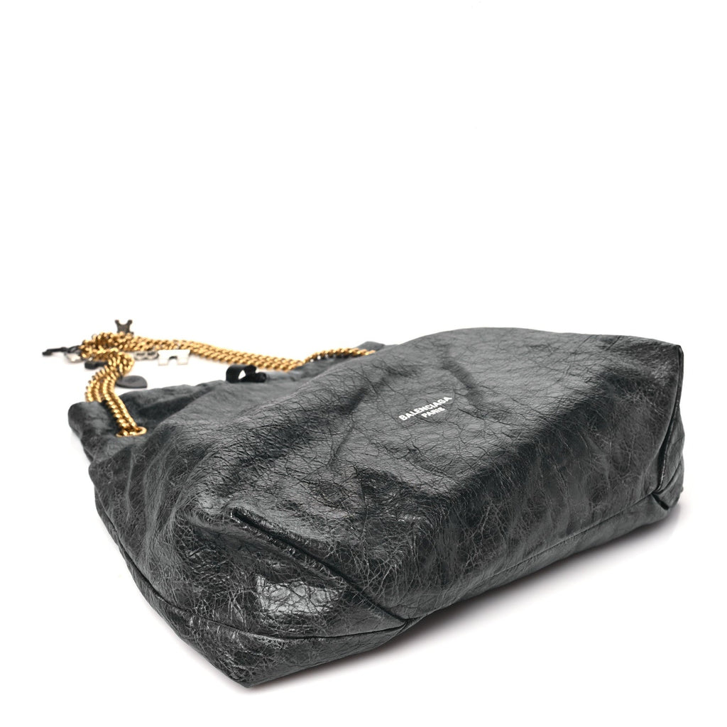 Crushed Calfskin Souvenir Charms Medium Tote Black