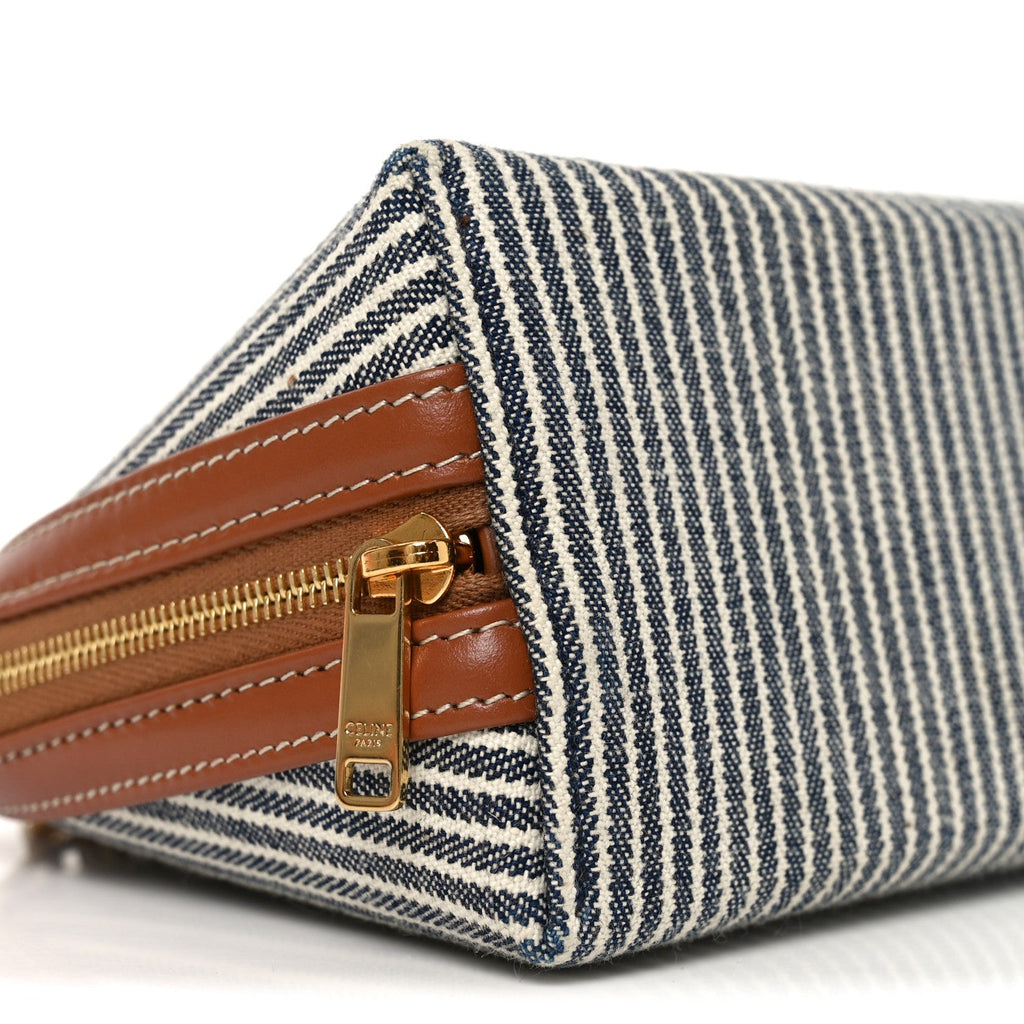 Canvas Calfskin Striped Triomphe Clutch On Chain Navy Blue Tan