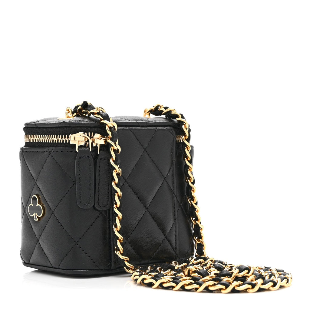 Lambskin Quilted Enamel Coco Casino Mini Vanity Case With Chain Black