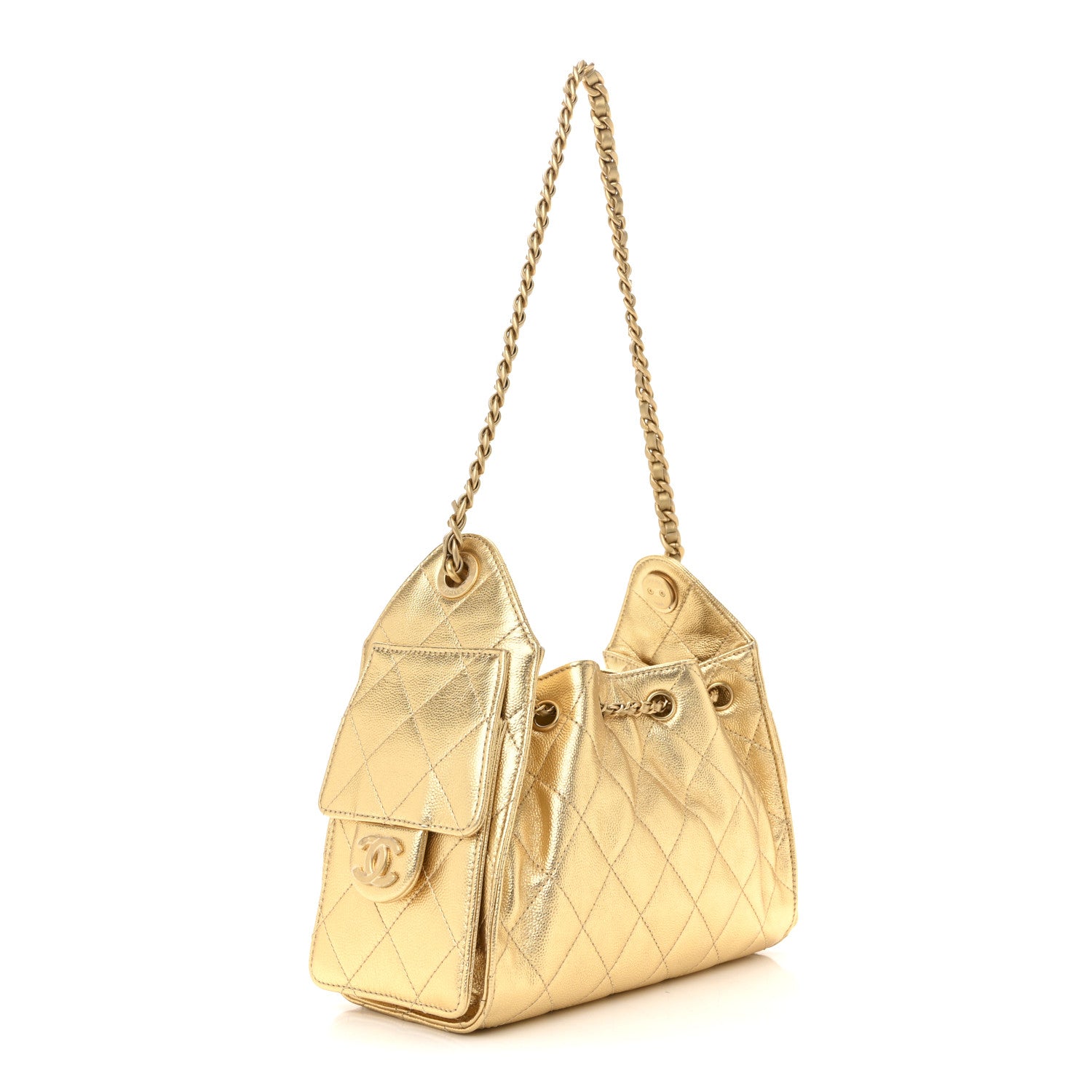 Metallic Caviar Quilted Mini Chanel 25 Handbag Gold