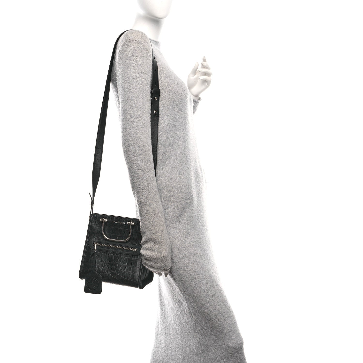 Crocodile Embossed Calfskin The Short Story Shoulder Bag Black