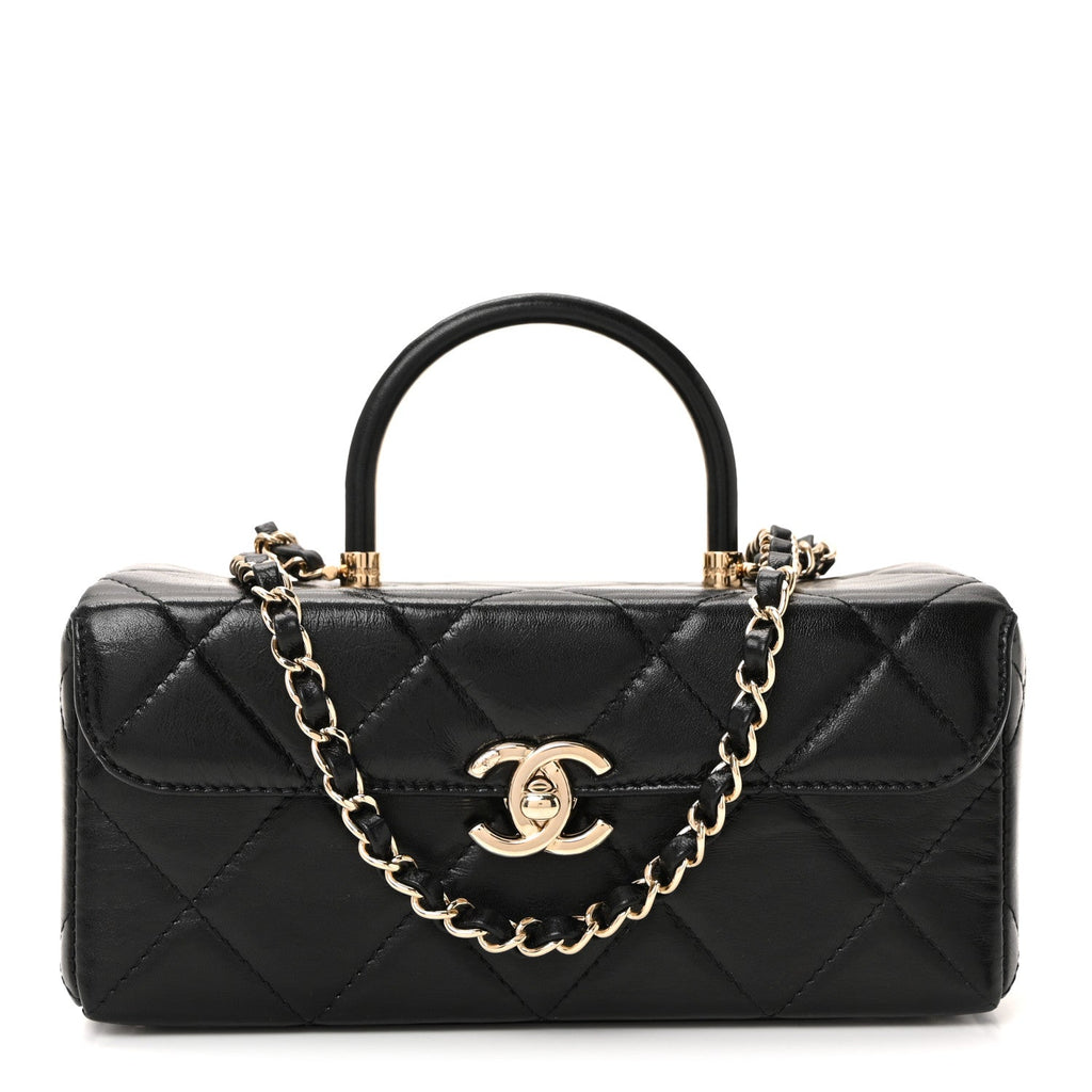 Shiny Calfskin Quilted Top Handle Box Bag Black
